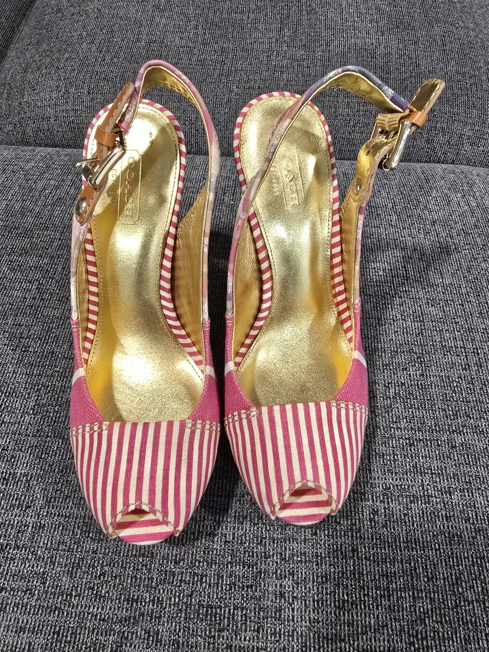 Coach Pink and Gold Striped Slingback Peep-Toe Heels
